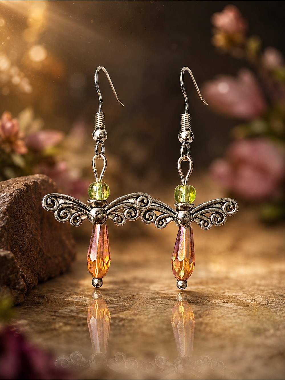 Whimsical Angel Wing Earrings, Green Glass & Amber Crystal Boho Fairycore
